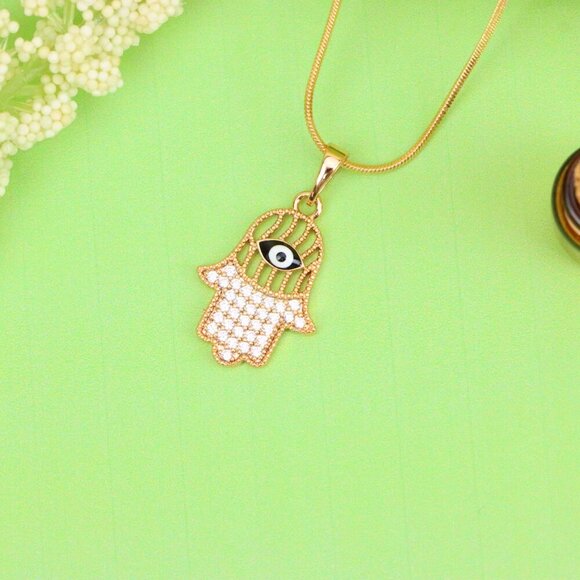 "Hamsa Hand Rose Gold Pendant with Evil Eye, XPPT1578 - Picture 3 of 13